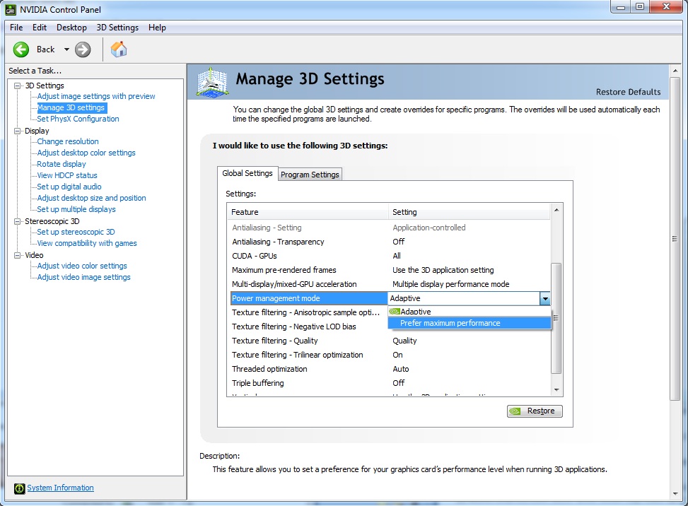 Select Manage 3D Settings.