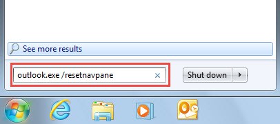 Type Outlook.exe /resetnavpane.