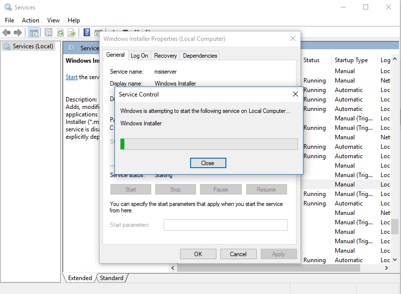 Start the Windows Installer service on your PC.