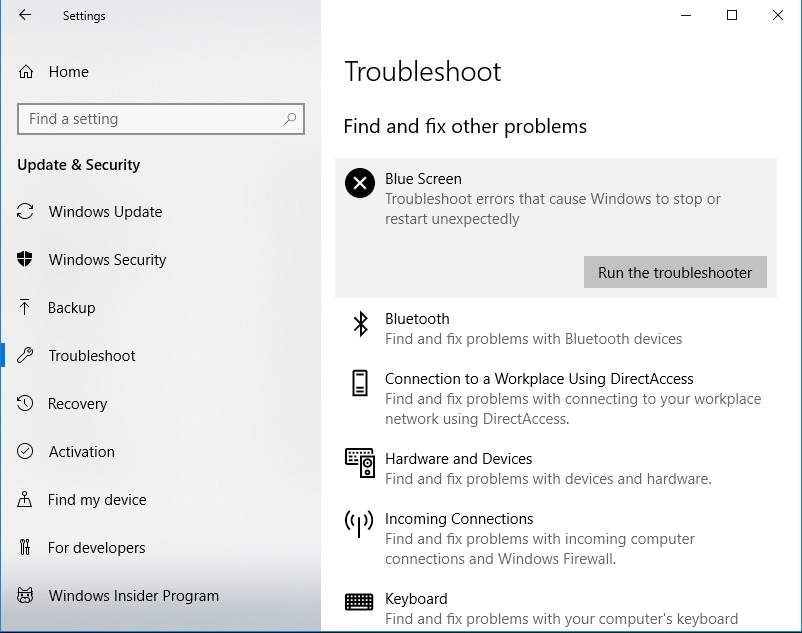 Click Run the troubleshooter under Blue Screen.