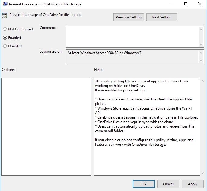 Under Prevent the usage of OneDrive for file storage, select Enabled.