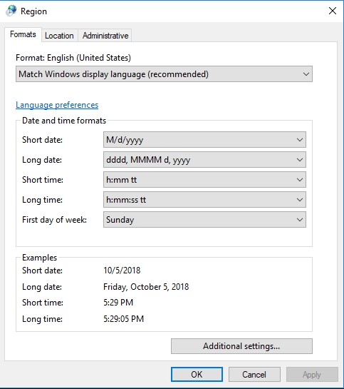 Make sure your Clock, Language, and Region settings are correct.