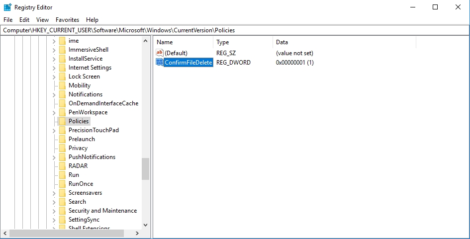 Name your new value “ConfirmFileDelete” and set it to 1.
