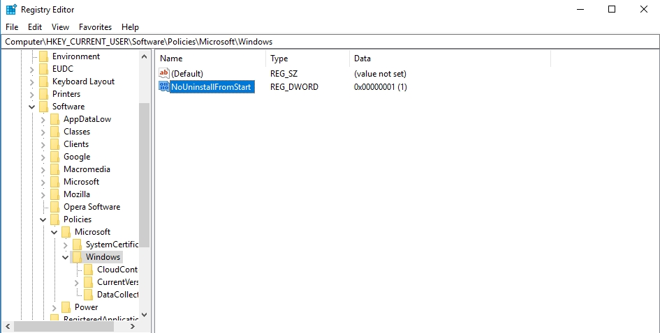 Create the NoUninstallFromStart key.