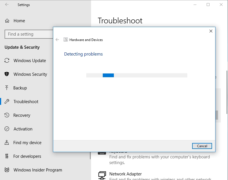 Wait until Windows troubleshoots your hardware problems.