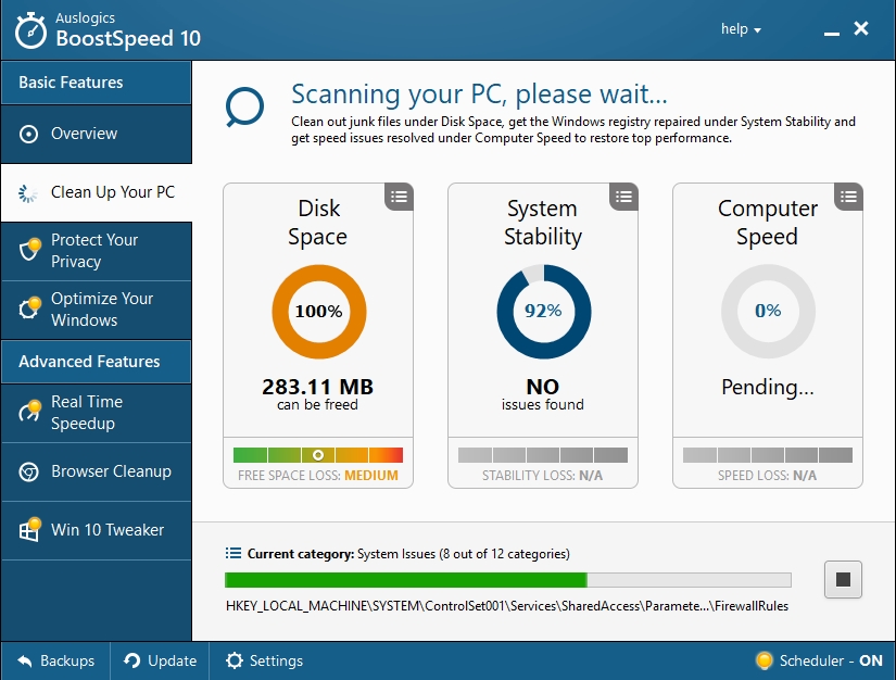 Wait until Auslogics BoostSpeed scans your PC for issues.