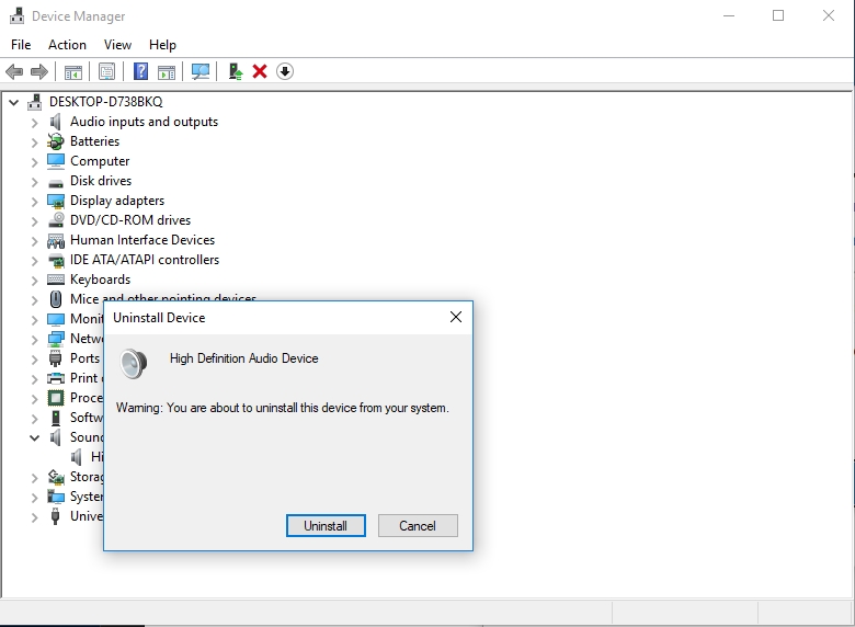 Click Uninstall to remove your audio device.