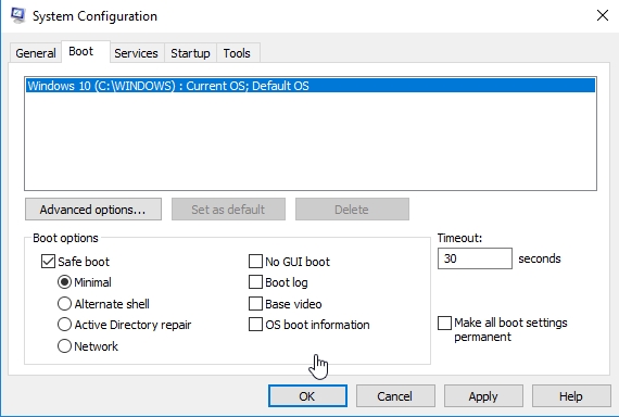 Check the Safe boot option.