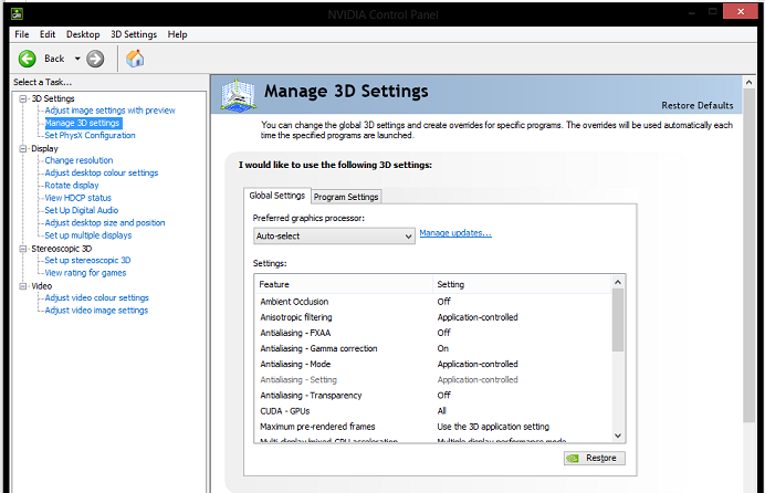 Click Manage 3D settings 