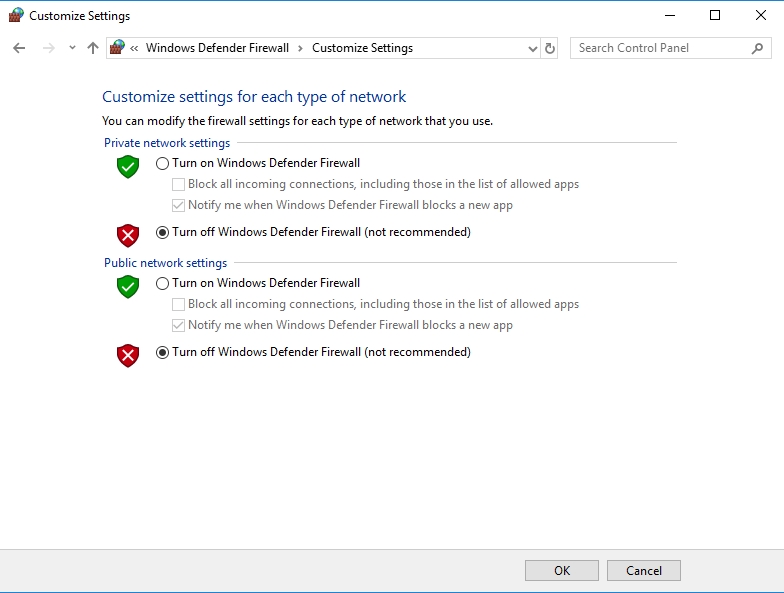 Turn off Windows Defender Firewall