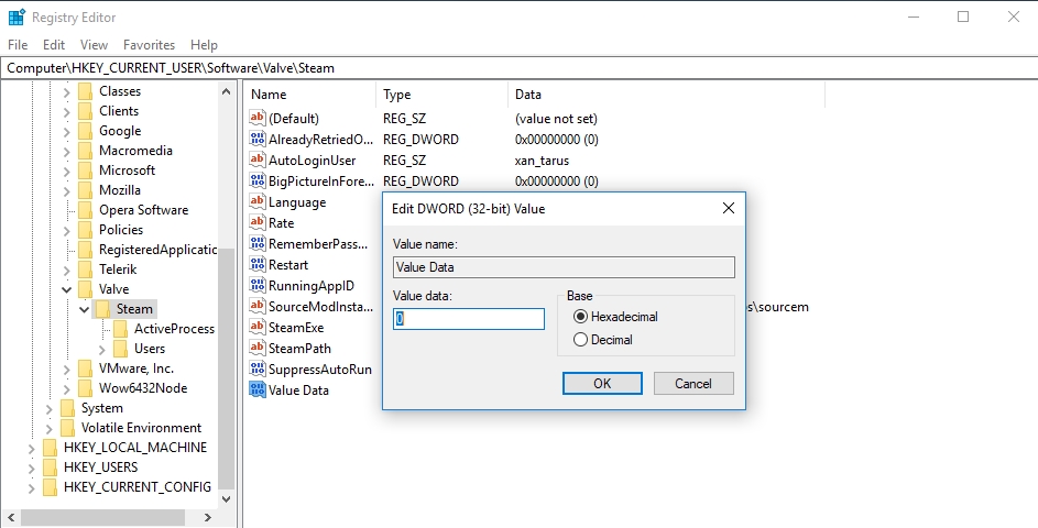 Set HKEY_CURRENT_USER/Software/Valve/Steam to 0.