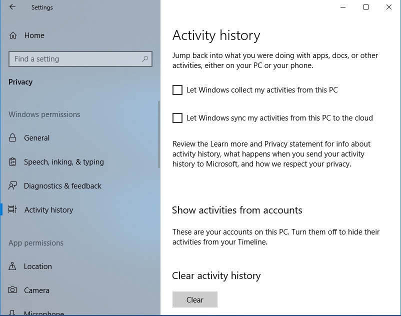 Uncheck Let Windows collect my activities from this PC and Let Windows sync my activities 