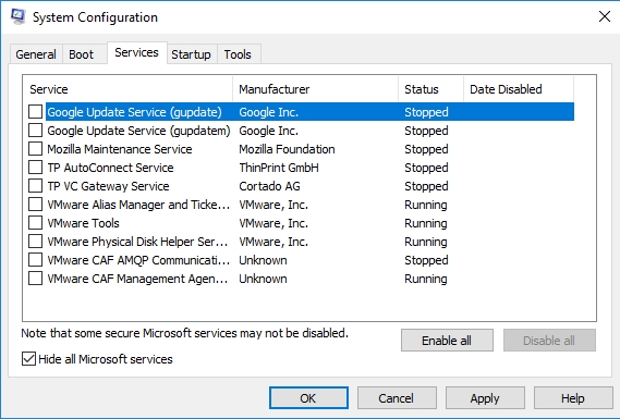 Select Hide all Microsoft services.