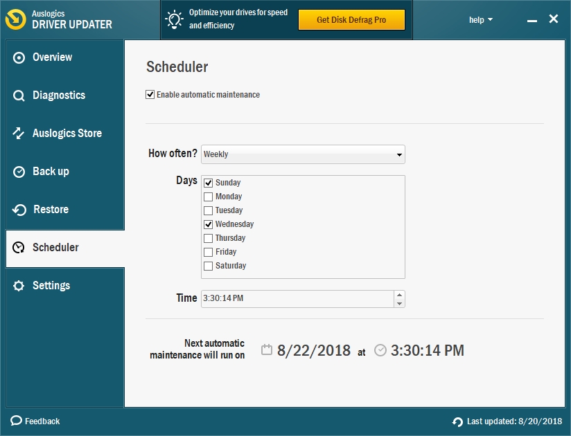 You can schedule updates in Auslogics Driver Updater.
