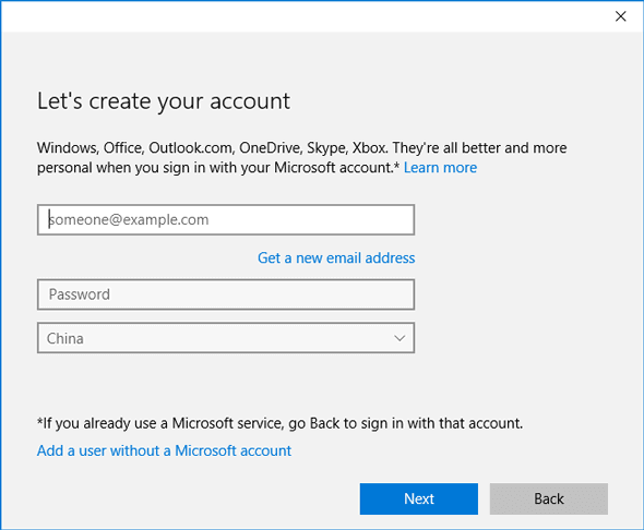 Input credentials for a new account