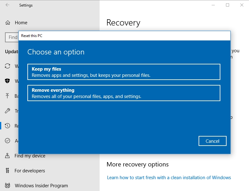 Select Keep my files or Remove everything, depending on what you need