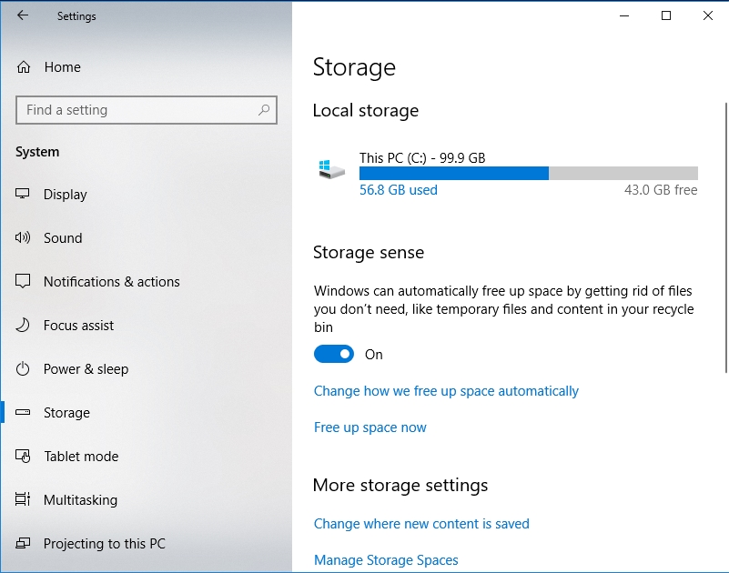 Toggle Storage sense to on.