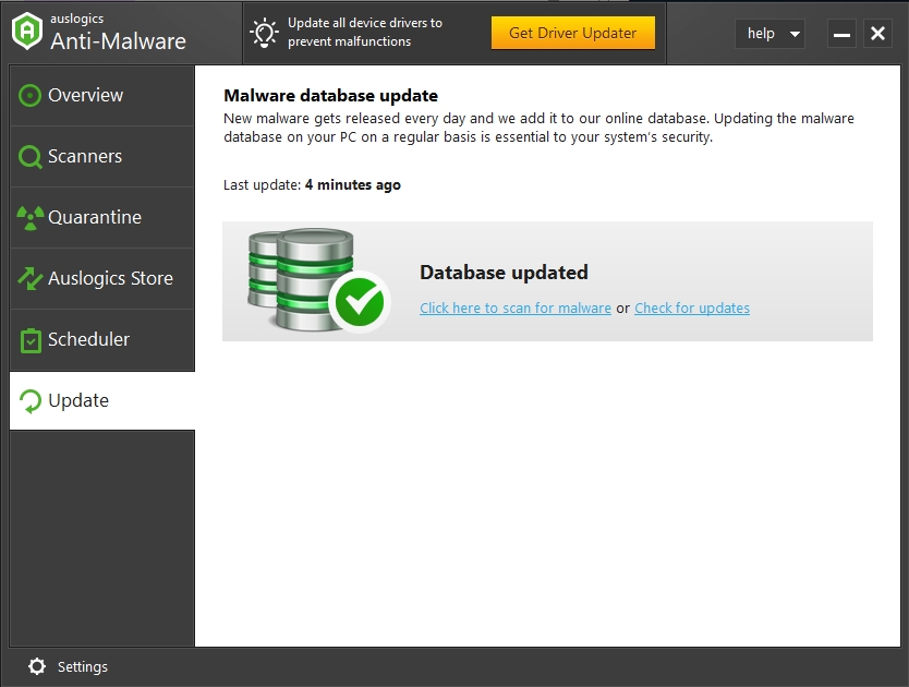 The malware database is kept up to date to keep newly created threats out.