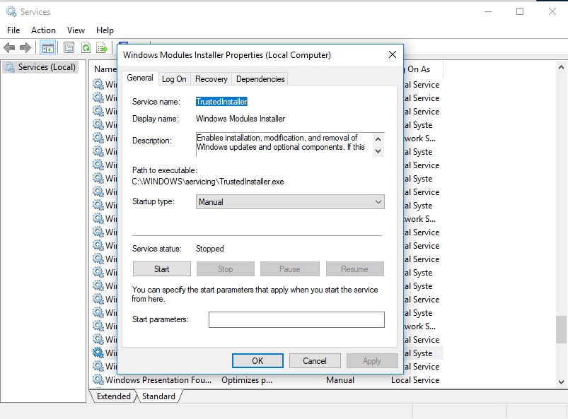 Set Windows Modules Installer startup type to manual.