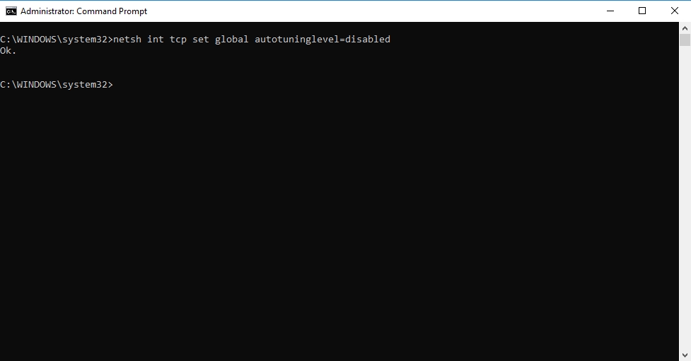 Input netsh interface tcp show global autotuninglevel=disable. Press Enter.
