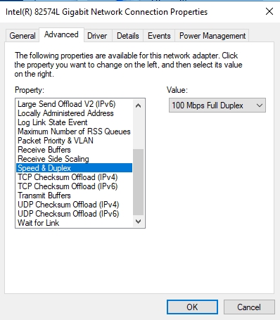 Set the value to 100 Mb Full Duplex.