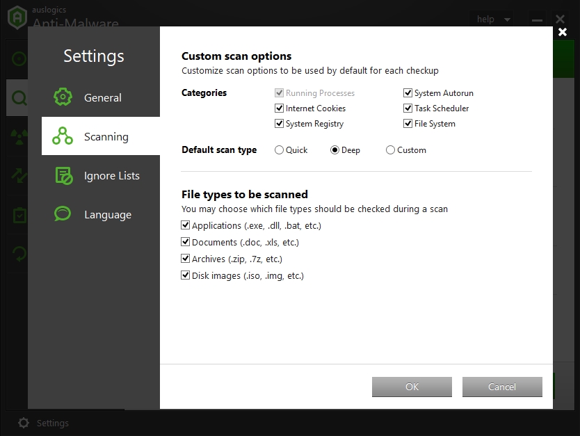 You can customize the scans that Auslogics Anti-Malware carries out.