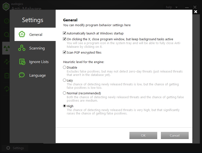 You can tweak your program settings via Auslogics Anti-Malware.