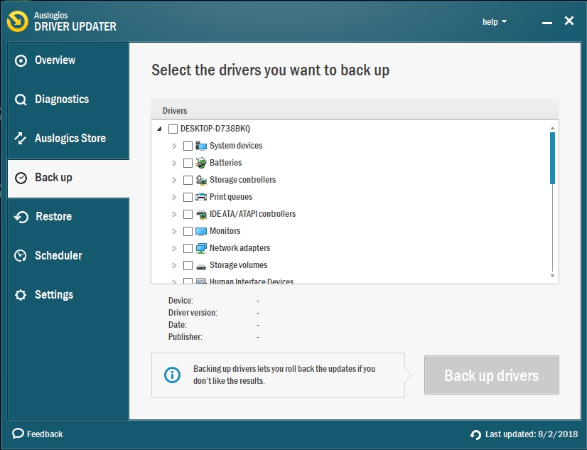 Select the drivers you wish Auslogics Driver Updater to back up