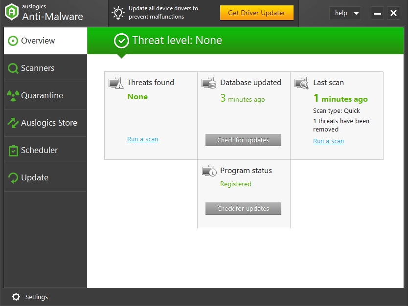 Auslogics Anti-Malware will scan your system for malicious threats.