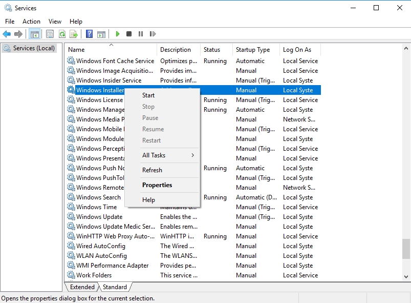 Right-click Windows Installer in the list of services
