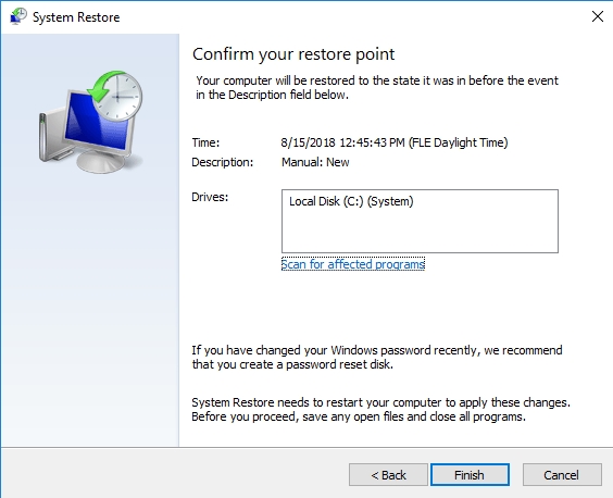 Confirm your restore point.