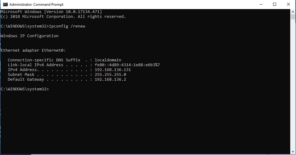 Type ipconfig /renew and hit Enter.