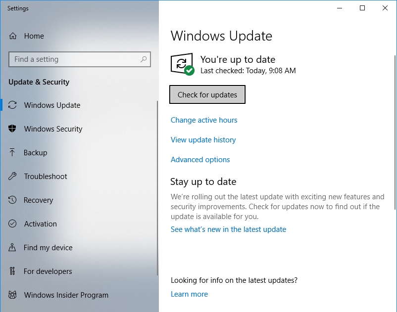 Click Check for updates to install the latest updates on your PC.