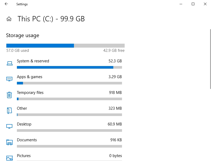 Examine the Storage usage of your PC