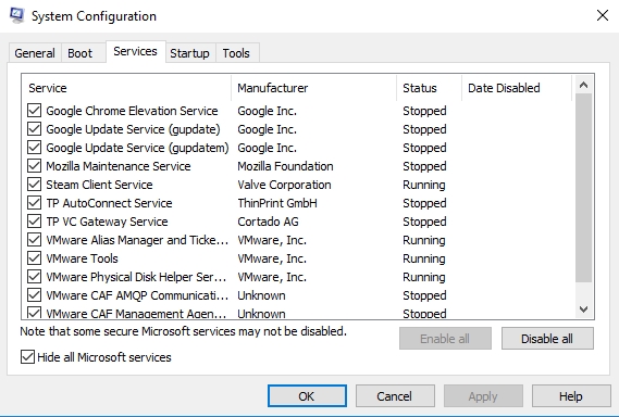 Disable all services to be able to clean boot your system.