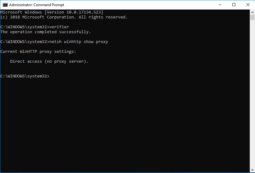 Type netsh winhttp show proxy into Command Prompt.