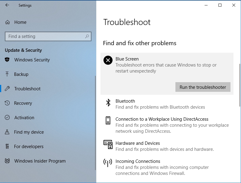 Select Run the troubleshooter under Blue Screen.