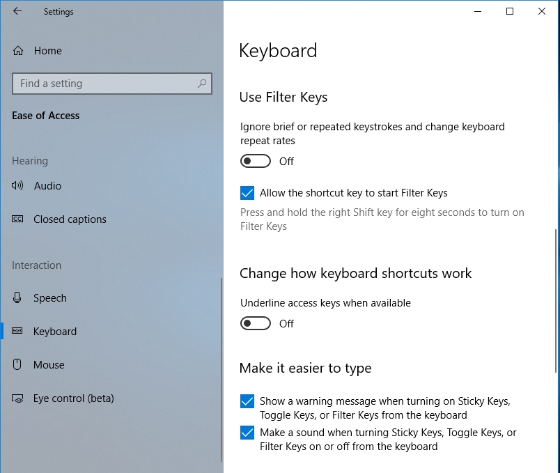 Toggle the switch to disable the filter keys.