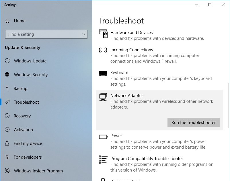 Click Run the troubleshooter under Network adapter.