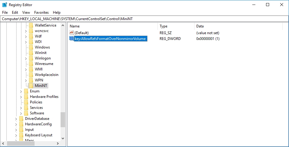 Create the key AllowRefsFormatOverNonmirrorVolume