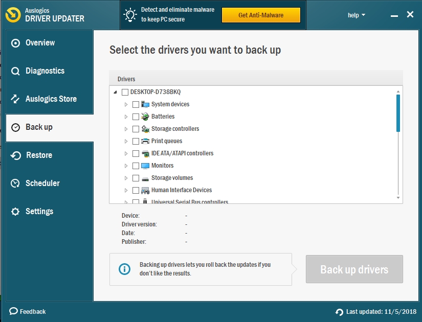 Select all the drivers you wish to back up.