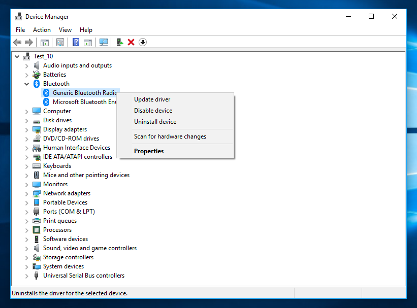 Right-click your Bluetooth device and select Uninstall device.