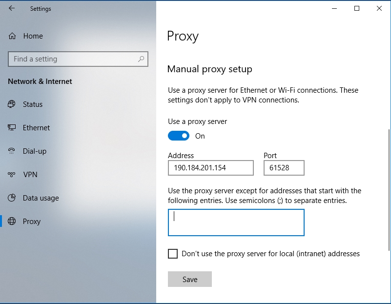 To carry out a manual proxy setup, fiil in the Address and Port fields