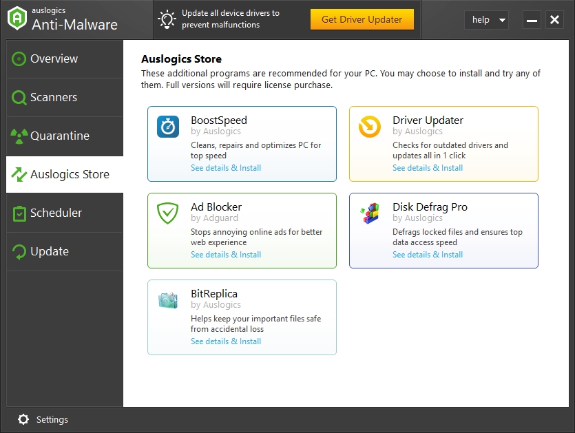 In Auslogics Store, you can find Auslogics Anti-Malware and other efficient products. 
