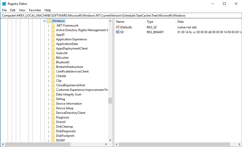 Delete the following registry entry: HKEY_LOCAL_MACHINE\SOFTWARE\Microsoft\Windows NT\CurrentVersion\Schedule\TaskCache\Tree\Microsoft\Windows