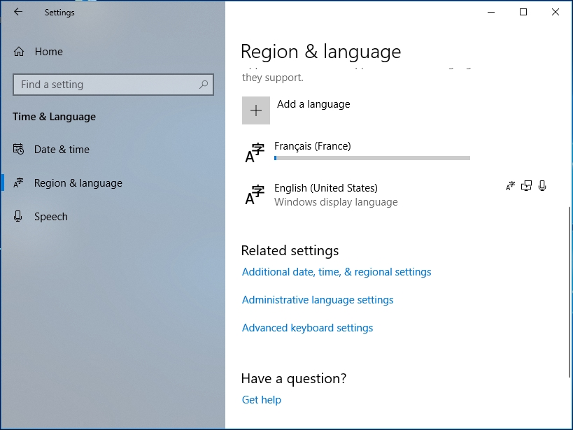 Enter Region and Language and click Add a language.