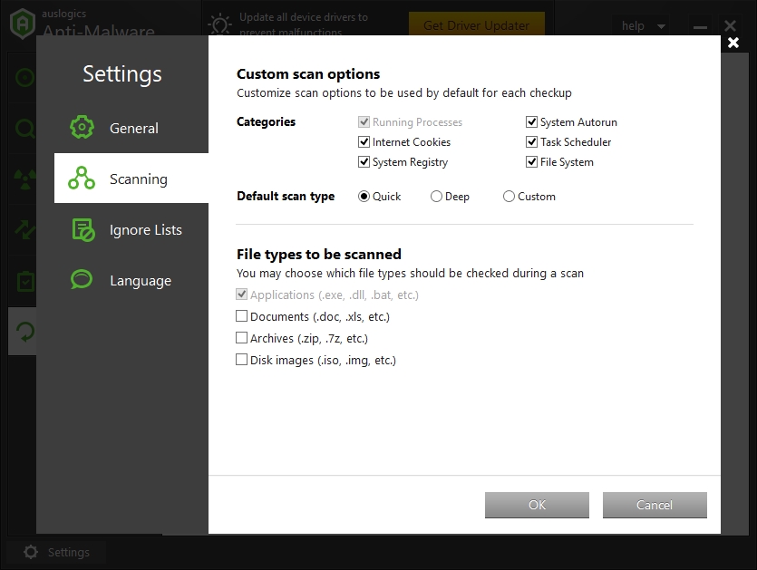 Choose between custom scan options to check your PC for malware.