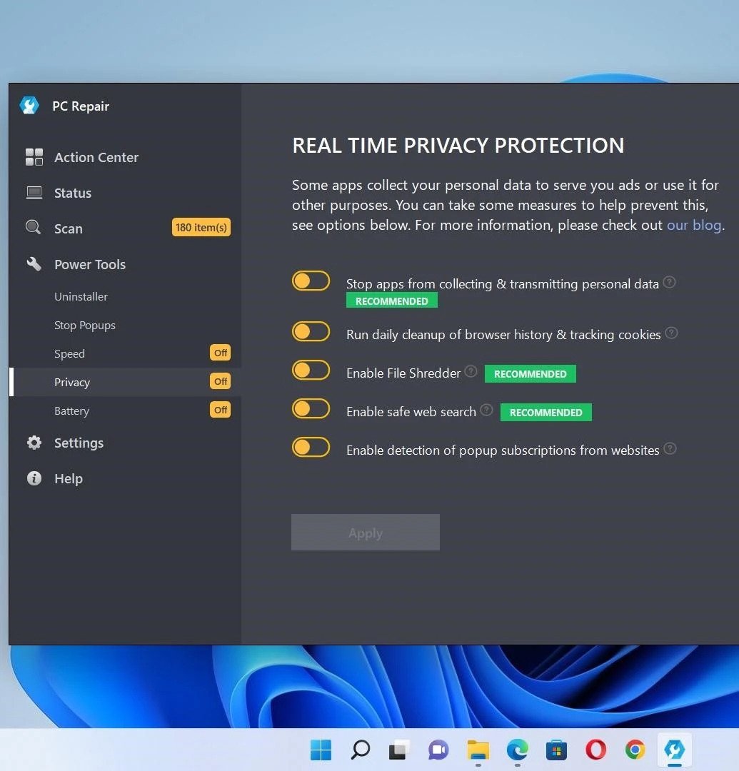 The Privacy tool offers different options for protecting personal data and securing the computer